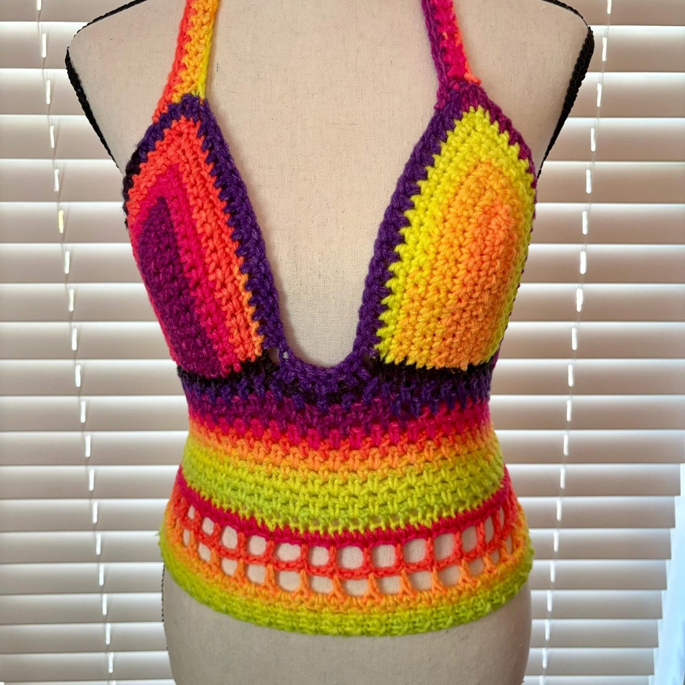 Handmade Rainbow Crochet Halter Top, Boho Festival Crop Top, Lace-Up Back